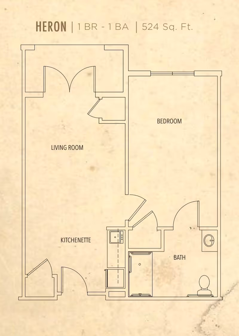 Floor plan labeled HERON showing a 1 bedroom, 1 bathroom apartment with 524 square feet. The layout includes a living room, kitchenette, bedroom, and bathroom with fixtures.