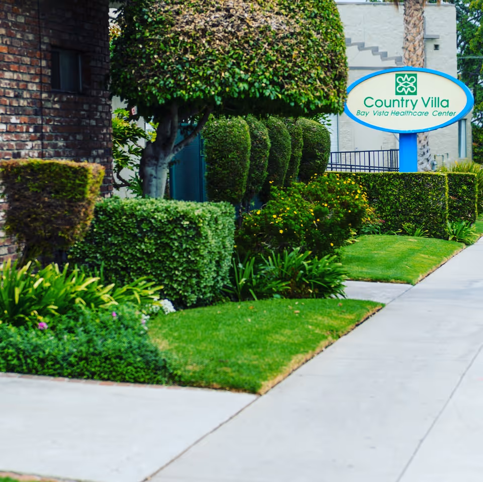 Sidewalk bordered by neatly trimmed bushes and green grass leading to a sign for Country Villa Bay Vista Healthcare Center, with a brick building partially visible on the left.