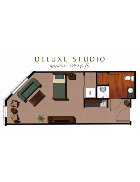 Floor plan of a deluxe studio apartment approximately 459 square feet, showing a living area with a sofa, coffee table, two chairs, and a bed. The layout includes a small kitchen area, a washer/dryer unit, and a bathroom with a toilet and sink.