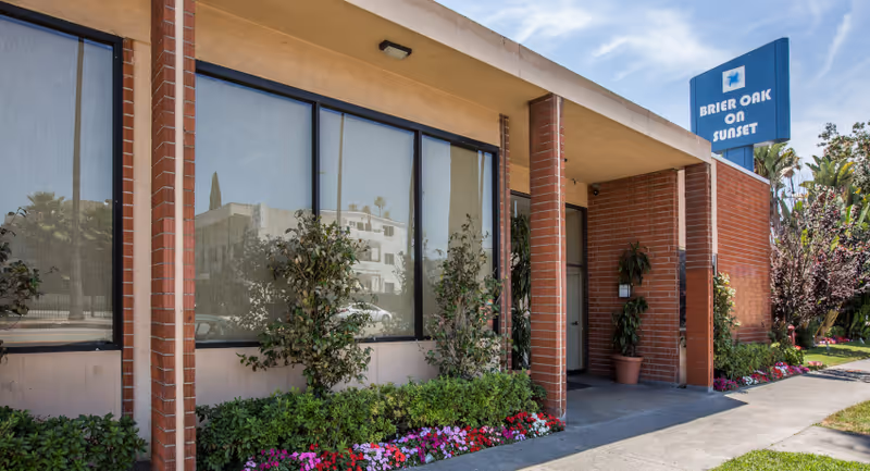Exterior view of Brier Oak on Sunset facility showing a brick building with large windows, a covered entrance, potted plants, and a flower bed with colorful flowers along the sidewalk under a partly cloudy sky.