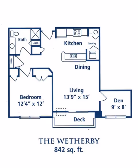 Floor plan of The Wetherby apartment showing a bedroom, bathroom, kitchen, dining area, living room, den, deck, and laundry area with dimensions and labeled rooms.