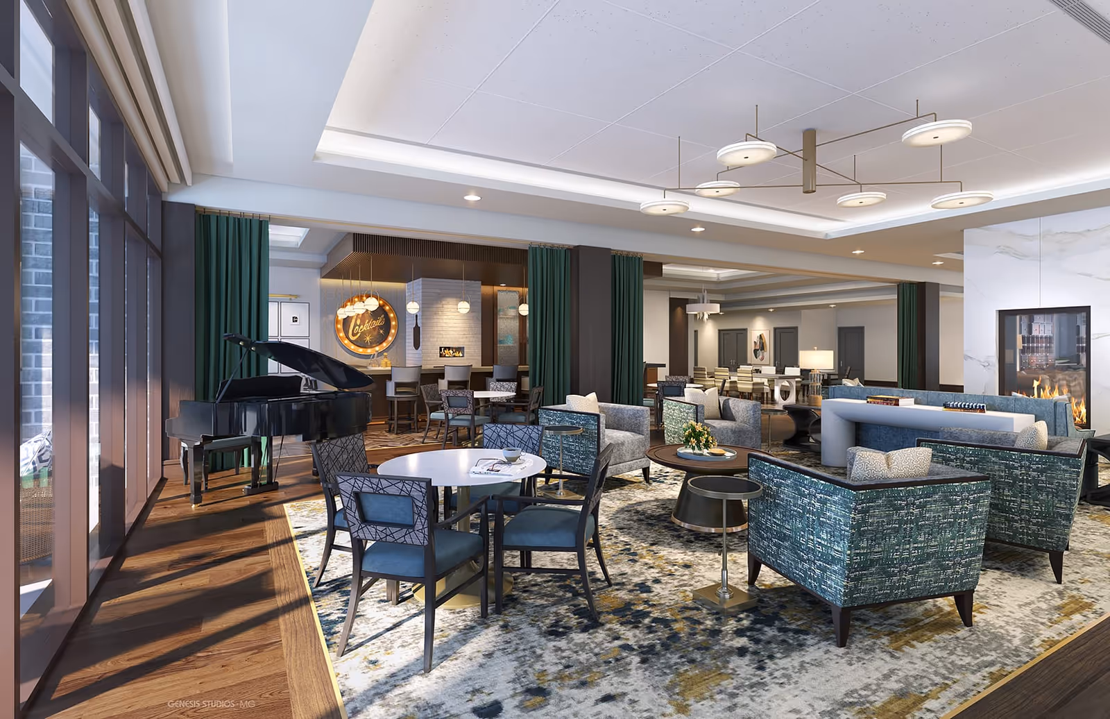 Spacious communal lounge with multiple seating areas, a grand piano, fireplace, and dining tables beside large windows.