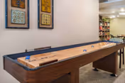 A shuffleboard table in a communal interior room with framed artwork on the wall and shelving in the background.