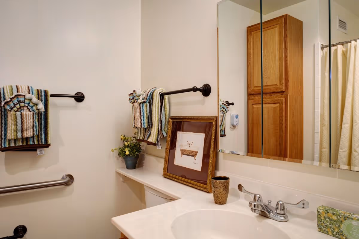 Bathroom interior showing a sink and countertop with a faucet and mirror, wooden cabinet, grab bars, striped towels, and decorative items.