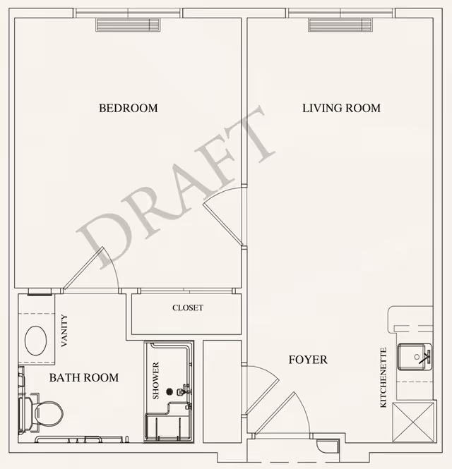 Floor plan of a one-bedroom apartment showing a bedroom, living room, foyer, bathroom with shower and vanity, kitchenette and closet with a large diagonal "DRAFT" watermark.