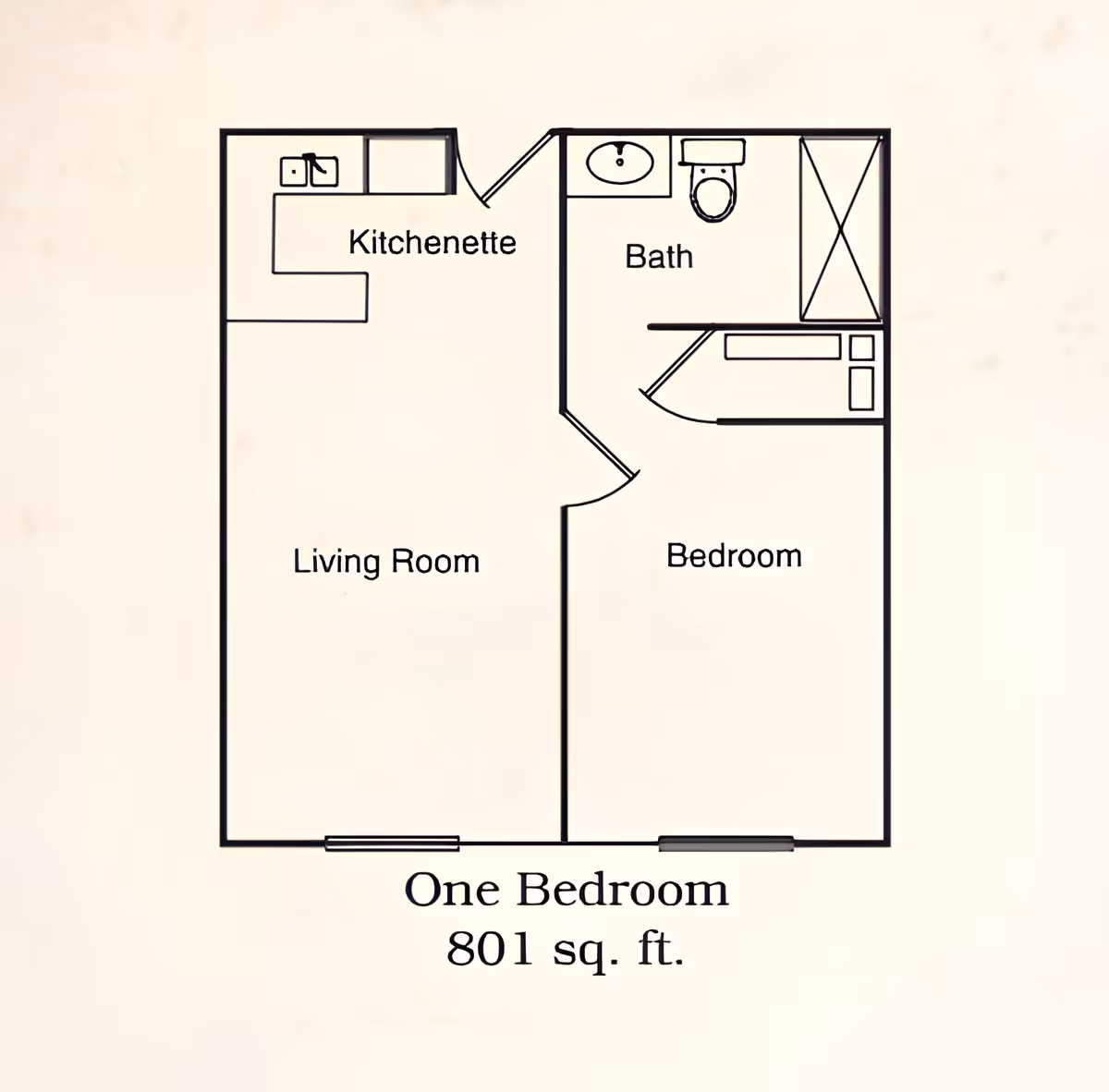 Floor plan of a one-bedroom apartment at Creekside Pines Retirement Community showing a living room, kitchenette, bedroom, and bathroom with a total area of 801 square feet.