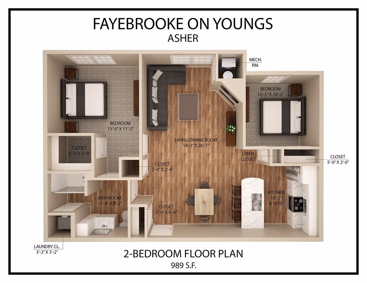 3D floor plan of a 2-bedroom apartment at FayeBrooke on Youngs named Asher, showing two bedrooms, a living/dining room, kitchen, bathroom, laundry closet, and multiple storage closets with dimensions labeled.