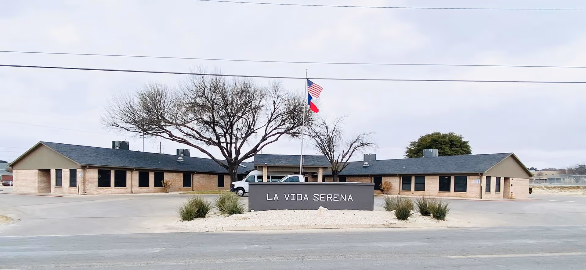 Exterior view of La Vida Serena Nursing & Rehabilitation facility showing a single-story building with a dark roof and light brick walls. In front of the building is a sign with the facility name, two flagpoles with the American and Texas flags, and some landscaping with small bushes and a tree without leaves. The sky is overcast.