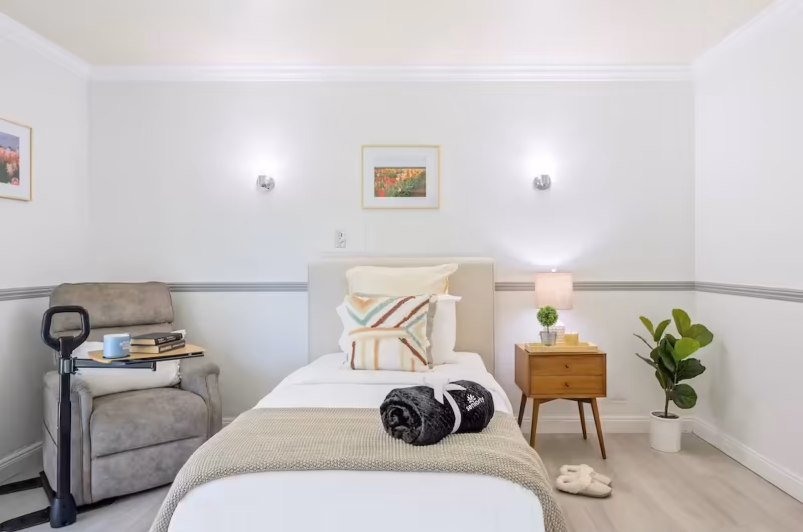 Bright, modern bedroom with a single bed, nightstand, plant, and chair.