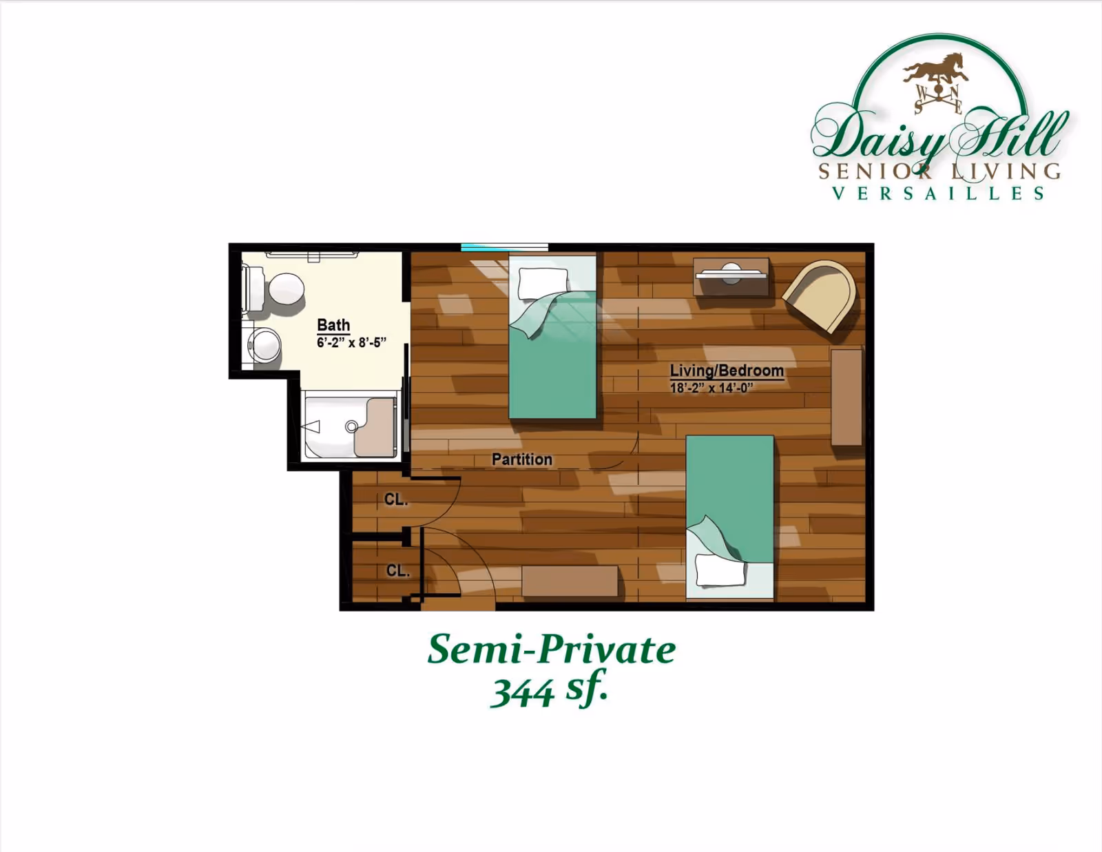 Floor plan of a semi-private 344 square feet living space at Daisy Hill Senior Living, showing a combined living and bedroom area with two beds, a partition, two closets, and a bathroom measuring 6 feet 2 inches by 8 feet 5 inches.