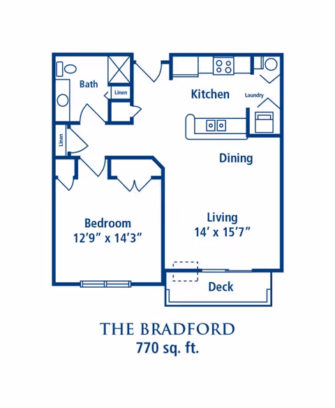 Blue-and-white floor plan titled 'The Bradford' showing a one-bedroom, one-bath 770 sq. ft. apartment with kitchen, dining area, living room and deck.