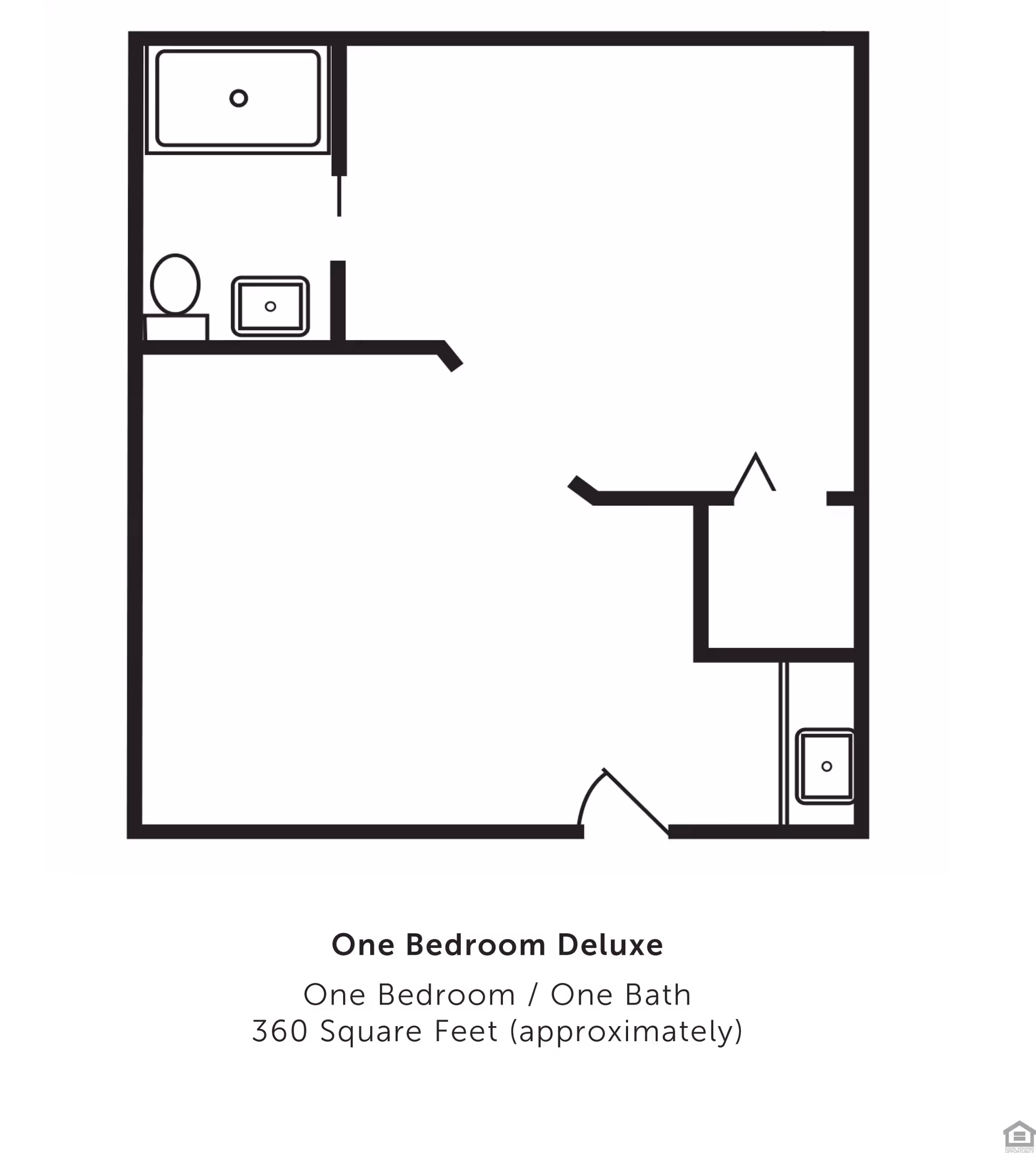 Black-and-white floor plan diagram of a one-bedroom deluxe apartment showing an entry, bathroom, and kitchenette layout.