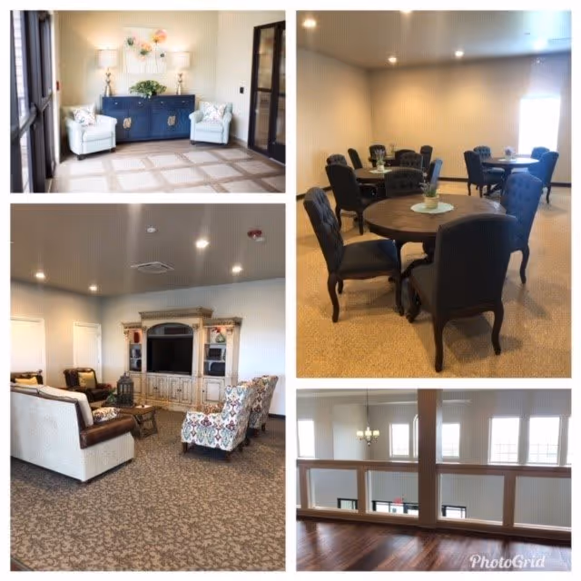 A collage of four images showing interior spaces of a senior living facility. The top left image shows a small seating area with two white armchairs, a blue sideboard, two lamps, and floral wall art. The top right image shows a dining area with round tables and dark upholstered chairs. The bottom left image shows a living room with a large entertainment center, a TV, a sofa, and patterned armchairs. The bottom right image shows a view from an upper floor overlooking a lower level with large windows and a chandelier.