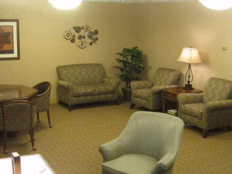 A cozy living room area with patterned upholstered chairs and a loveseat, a wooden side table with a lamp, a potted plant, a wall decoration, and a wooden dining table with chairs in the corner.
