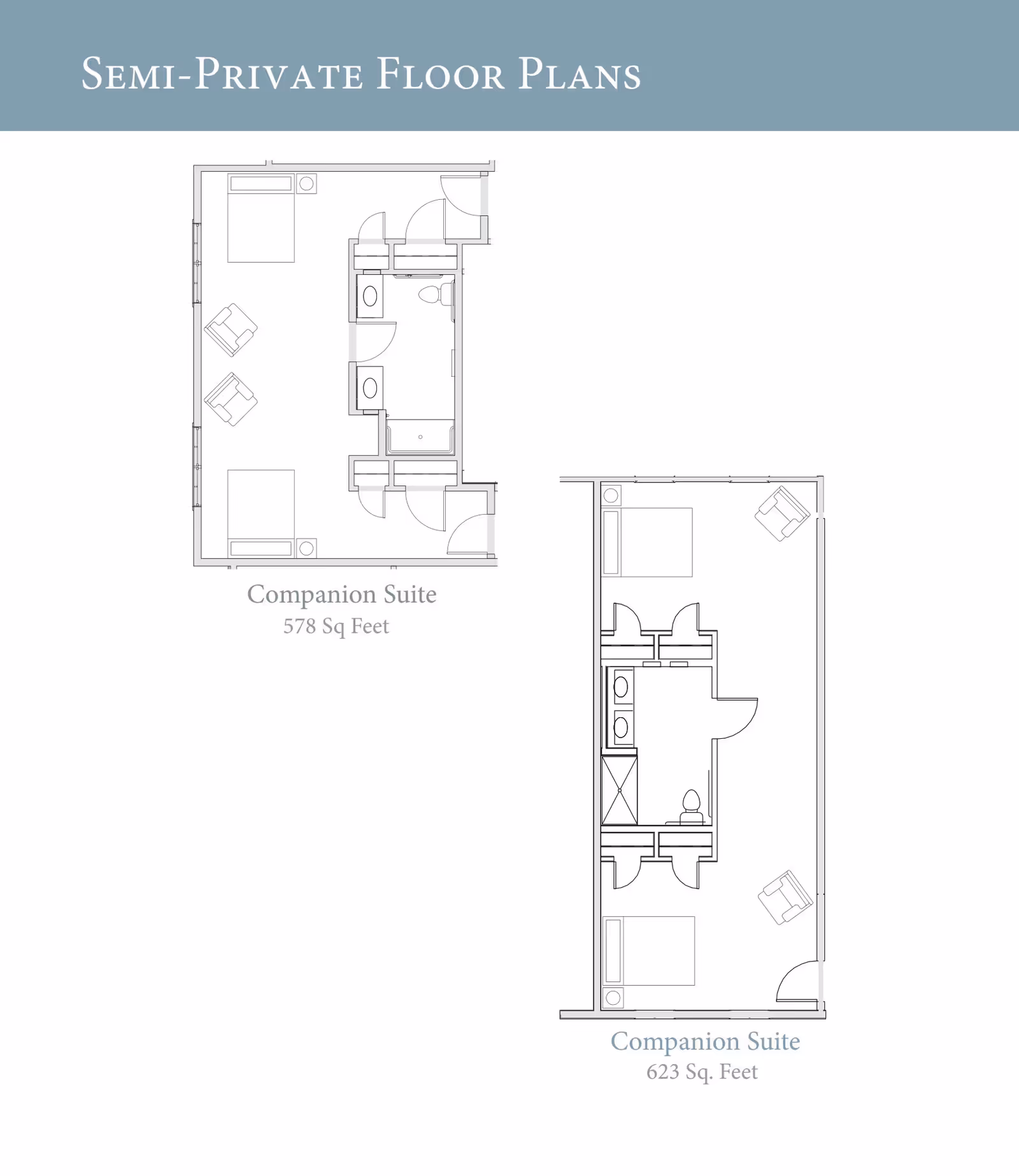Architectural floor plans for two semi-private companion suites at Grand Brook Memory Care of Grand Rapids, showing layouts with beds, chairs, bathrooms, and entry doors. One suite is 578 square feet and the other is 623 square feet.