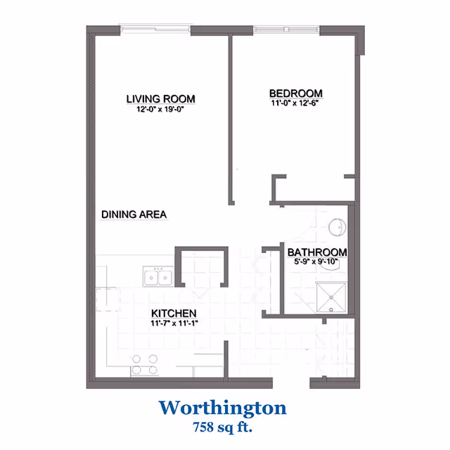 Black-and-white floor plan titled 'Worthington 758 sq. ft.' showing a one-bedroom layout with living room, dining area, kitchen, and bathroom.