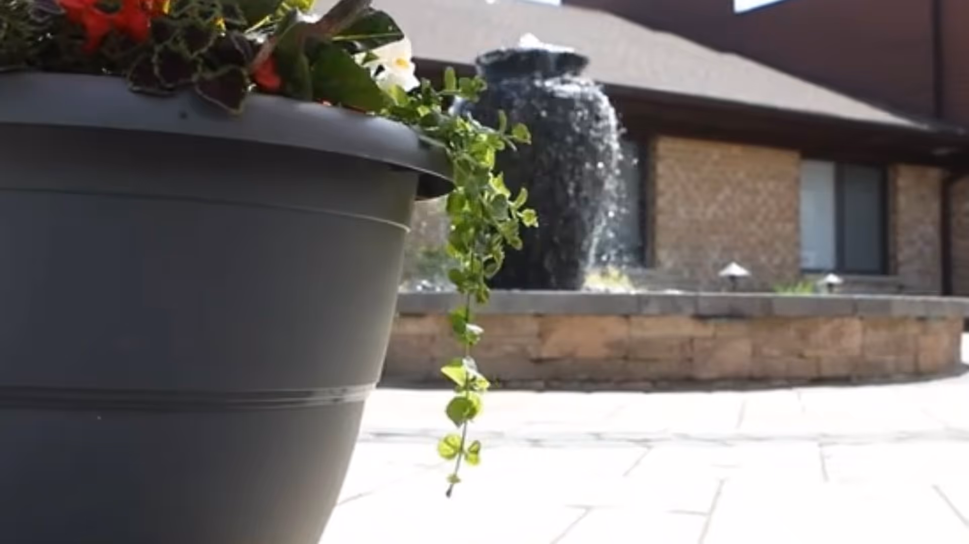 Close-up of a large black planter with green and red plants, with a water fountain and a brick building in the background under a sunny sky.