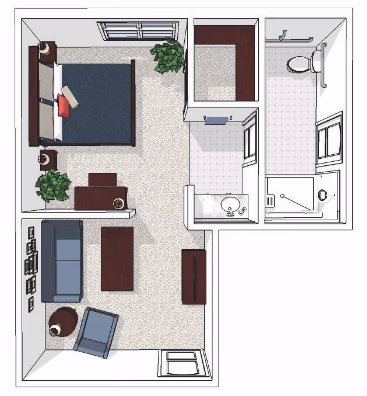 Top-down floor plan of a senior living apartment unit showing a bedroom with a bed, nightstands, and plants; a living area with a sofa, armchair, coffee table, and side table; a bathroom with a shower, toilet, and sink; and a small closet space.