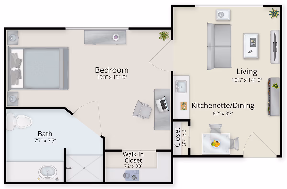 Floor plan of a senior living unit at Masonicare at Middlewoods of Newington showing a bedroom with a bed, two nightstands, a walk-in closet, and a bathroom with a toilet, sink, and shower. Adjacent to the bedroom is a living area with a sofa, coffee table, TV, and a kitchenette/dining area with a small dining table and chairs, a sink, and a closet.