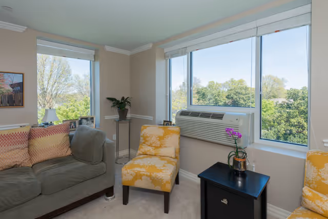 Bright living room seating area with a couch, two yellow patterned chairs, a side table with a plant, and large windows overlooking trees.