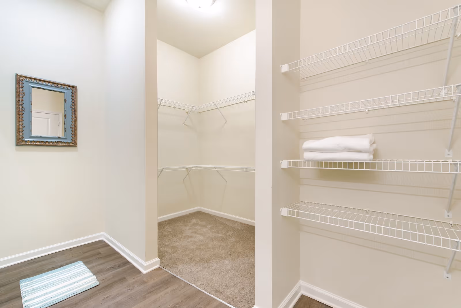 A spacious walk-in closet with beige walls and carpeted floor inside the closet area. The closet features multiple white wire shelves and hanging rods. Outside the closet, there is a wooden floor with a small striped rug and a decorative framed mirror on the wall.