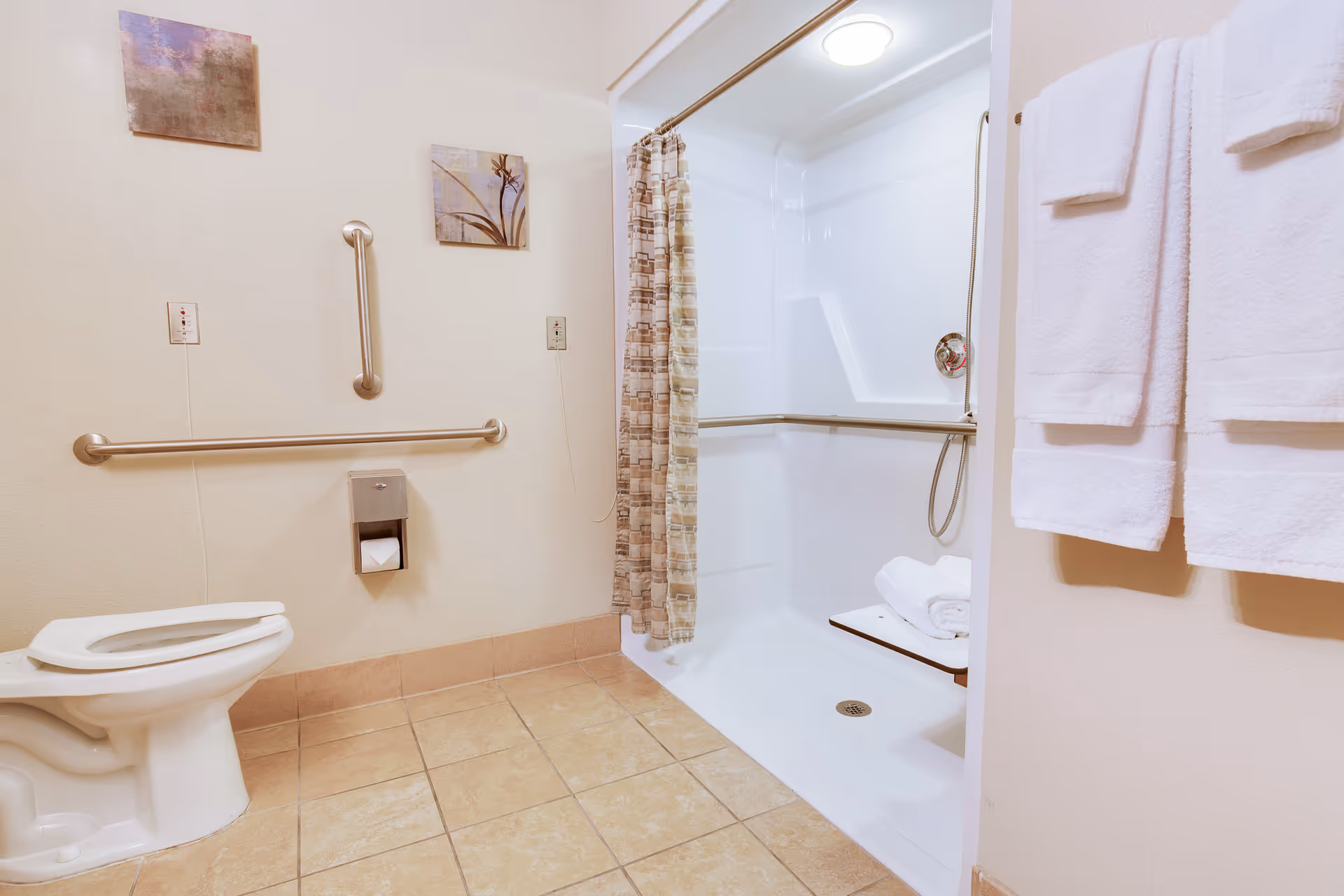 A clean and accessible bathroom featuring a toilet with grab bars on the wall, a walk-in shower with a curtain, a fold-down seat, and a handheld showerhead. Two white towels hang on a rack on the right wall, and two small framed pictures are mounted above the grab bars.
