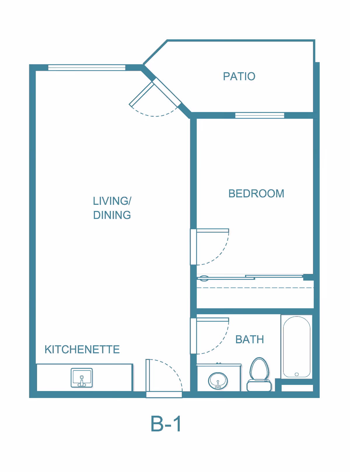 Floor plan layout labeled B-1 showing a living/dining area connected to a kitchenette, a bedroom, a bathroom with a sink, toilet, and bathtub, and a patio area.