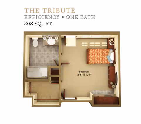 Floor plan of The Tribute efficiency apartment with one bathroom, totaling 308 square feet. The layout includes a bedroom measuring 15 feet 6 inches by 12 feet 9 inches, a bathroom with a toilet, sink, and shower, and a small entry area with closet space.