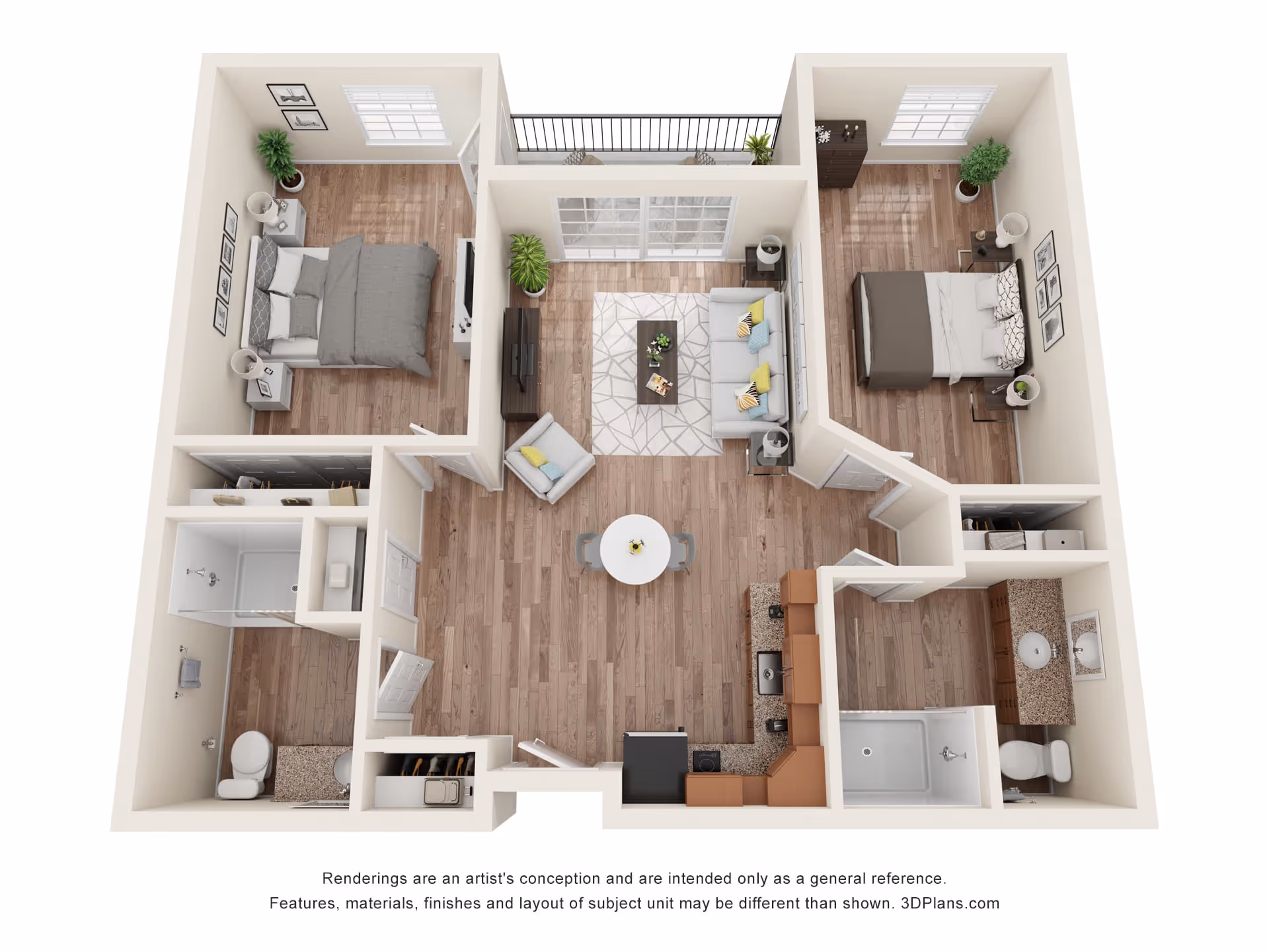3D rendered floor plan of a two-bedroom apartment with a living room, kitchen, two bathrooms and a balcony.