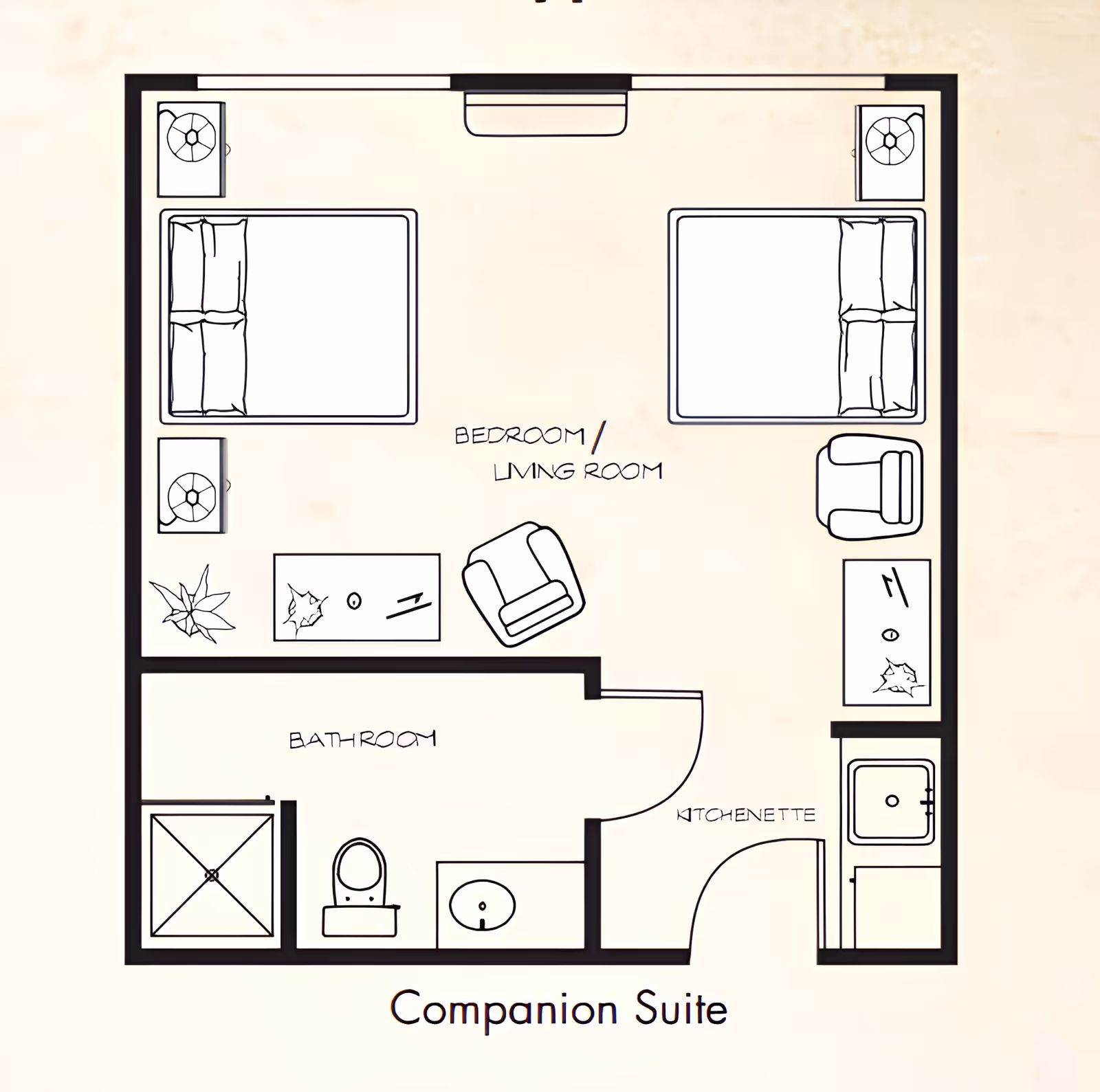 Floor plan of a companion suite at Magnolia Place Memory Care & Transitional Assisted Living, showing a combined bedroom and living room area with two beds, two chairs, two nightstands, a coffee table, and plants. The suite includes a bathroom with a shower, toilet, and sink, and a kitchenette with a sink and counter space.