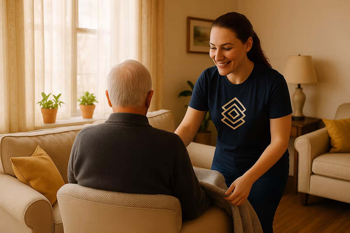 A smiling caregiver is gently placing a blanket over an elderly man sitting on a beige armchair in a warmly lit living room with beige curtains, potted plants on the windowsill, and comfortable furniture including a sofa and a lamp on a side table.