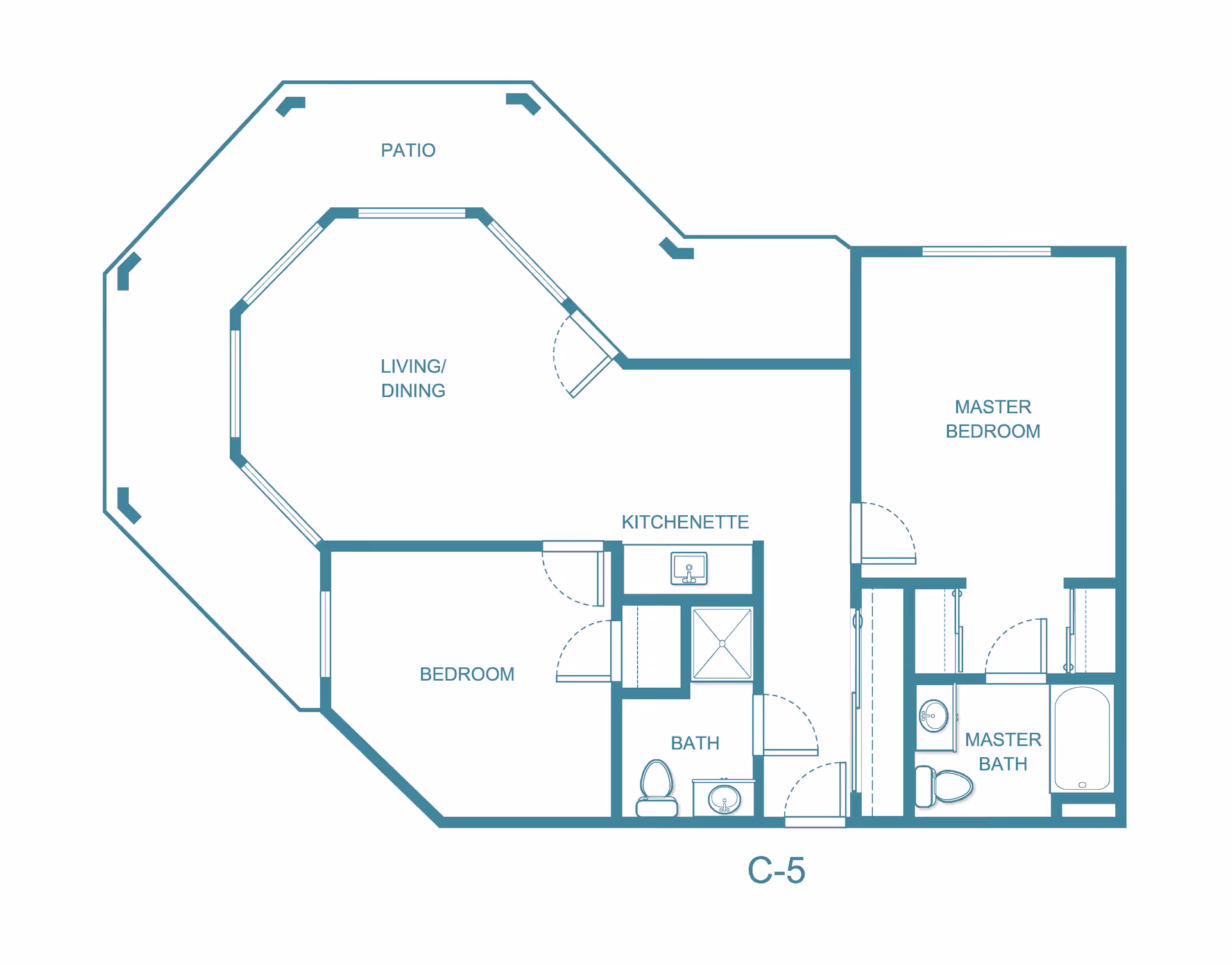 Floor plan layout of an apartment unit labeled C-5 at Independence Village of Evansville, showing a patio, living/dining area, kitchenette, bedroom, bath, master bedroom, and master bath.