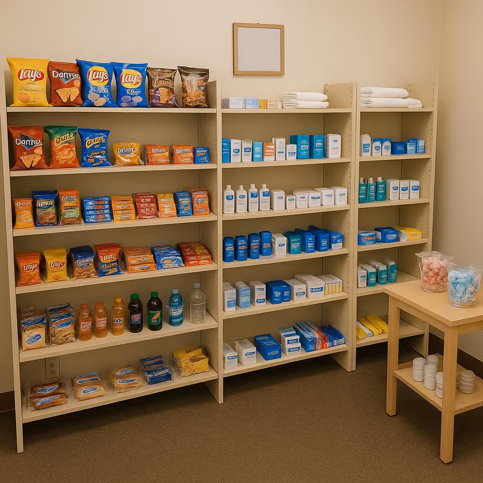 Shelves in a small supply room stocked with snacks, drinks, towels, and personal care items, with a side table holding jars of cotton and other supplies.