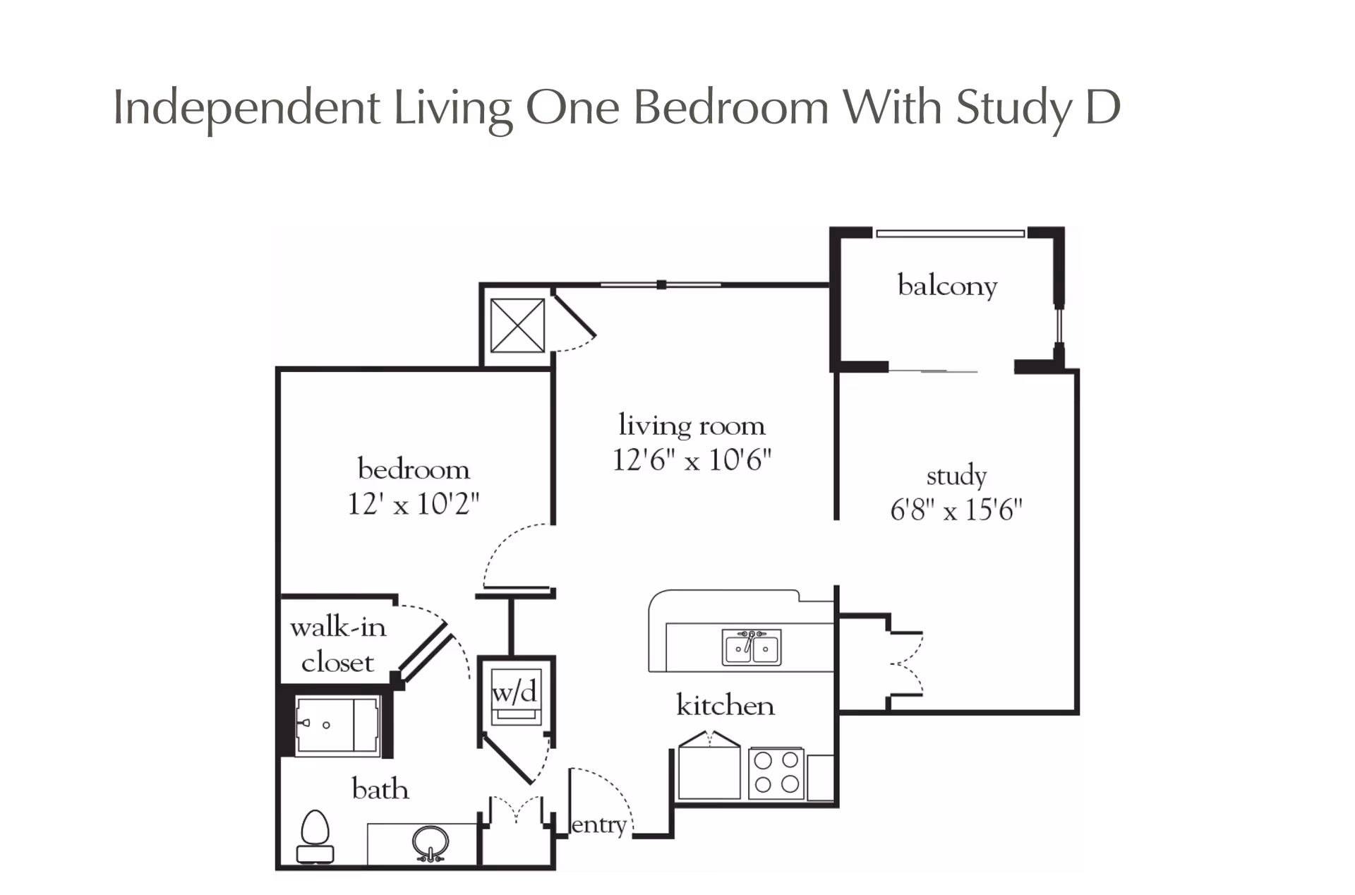 Black-and-white floor plan titled 'Independent Living One Bedroom With Study D' showing a bedroom with walk-in closet, bathroom, living room, kitchen, study, balcony and w/d near the entry.