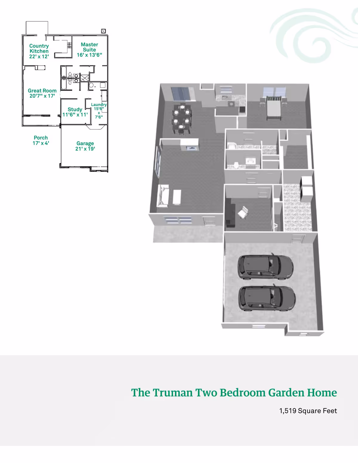 Floor plan and 3D layout of The Truman Two Bedroom Garden Home at Rosegate Commons, showing a country kitchen, great room, master suite, study, laundry, porch, and garage with two cars parked inside. Dimensions of rooms are labeled on the floor plan.