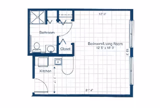 Blueprint-style studio floor plan showing a combined bedroom/living room, a kitchen, a bathroom, and a closet with dimensions noted.