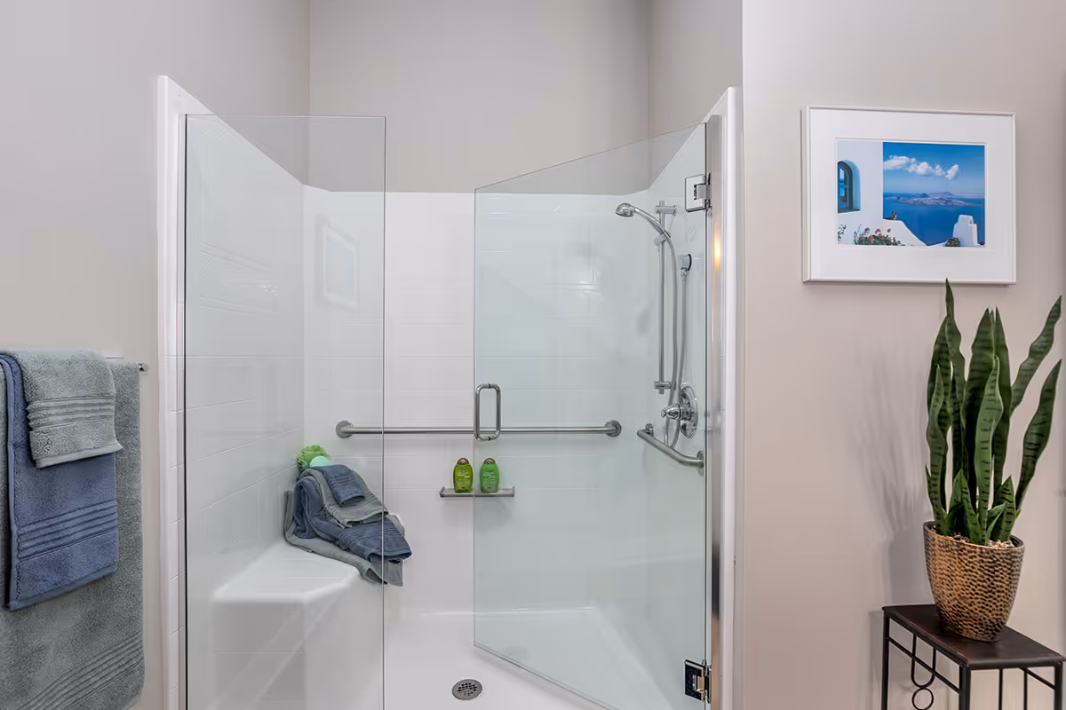 A modern bathroom shower with clear glass doors, white tiled walls, and a built-in bench. There are two green bottles of shower products on a small shelf inside the shower. A towel rack with folded blue and green towels is mounted on the wall to the left. On the right side, there is a potted snake plant on a small black table and a framed picture of a coastal scene hanging on the wall.