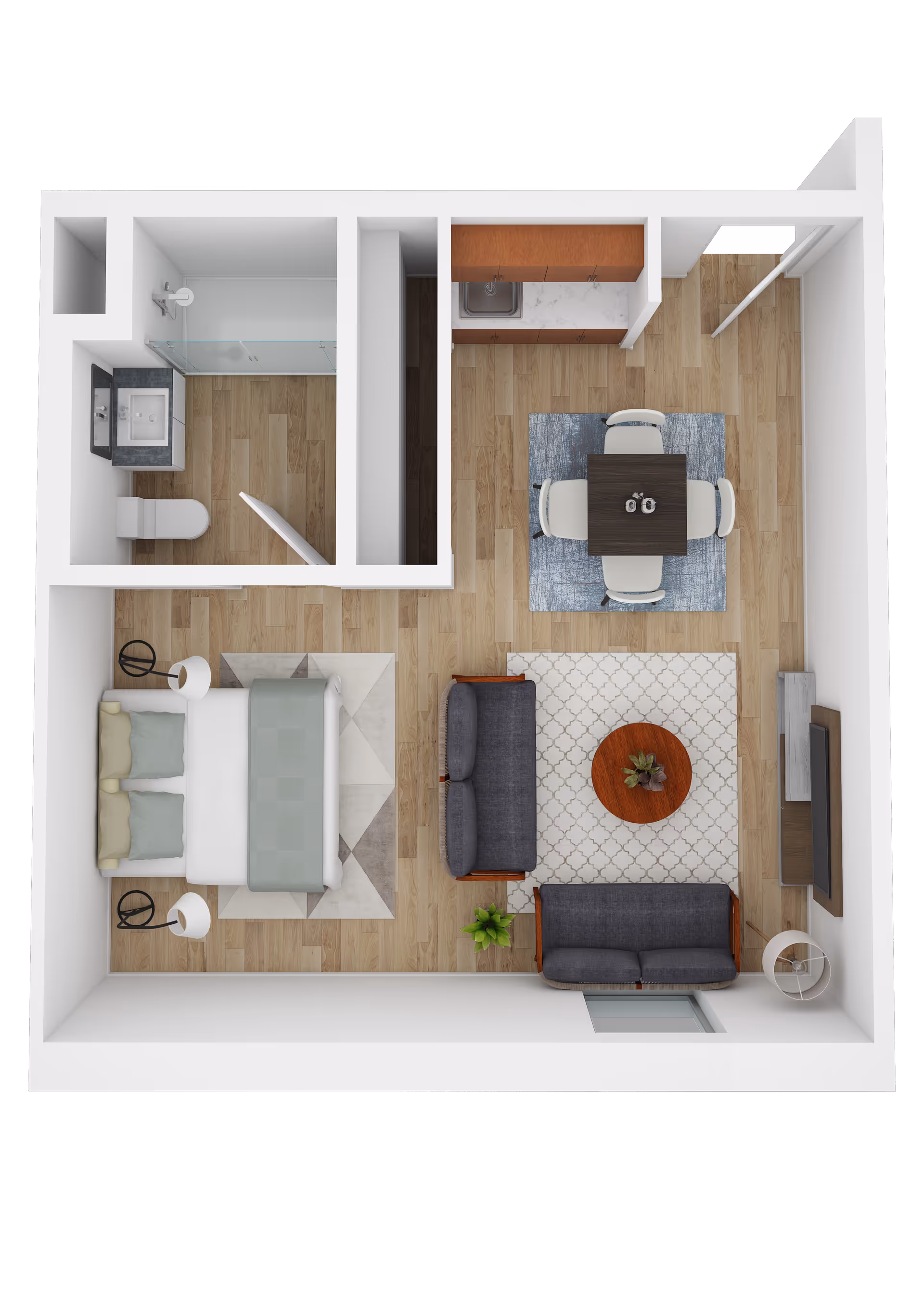 Top-down view of a small apartment floor plan featuring a bedroom with a double bed and two bedside lamps, a bathroom with a shower, toilet, and sink, a living room with two sofas, a round coffee table, a TV on a stand, and a dining area with a square table and four chairs. The kitchen area has a sink and cabinets. The flooring is wood throughout.