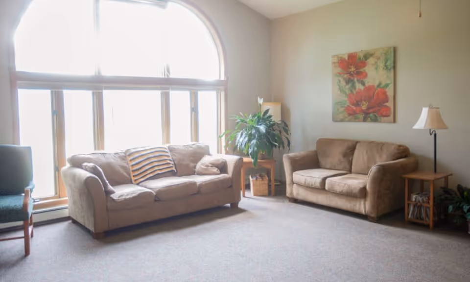 A bright living room with a large arched window letting in natural light. The room features two beige sofas, a green armchair, a wooden side table with a lamp, a potted plant on a small table, and a floral painting on the wall.