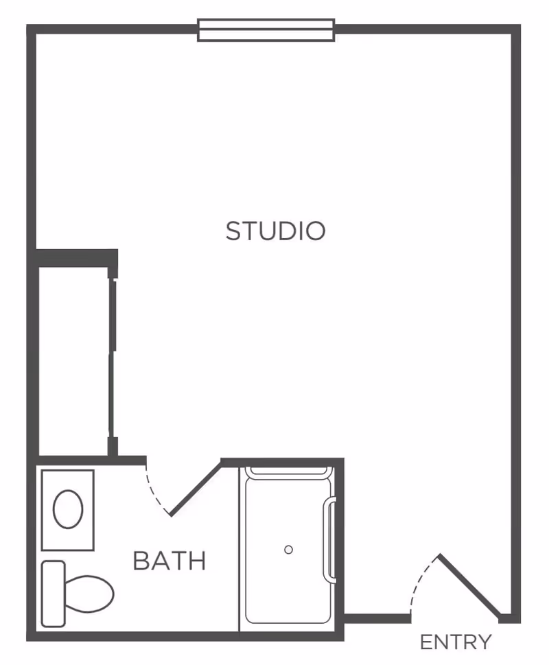 Floor plan of a studio apartment at Woodbridge Terrace showing an entry door leading into the studio space, with a bathroom that includes a toilet, sink, and bathtub.