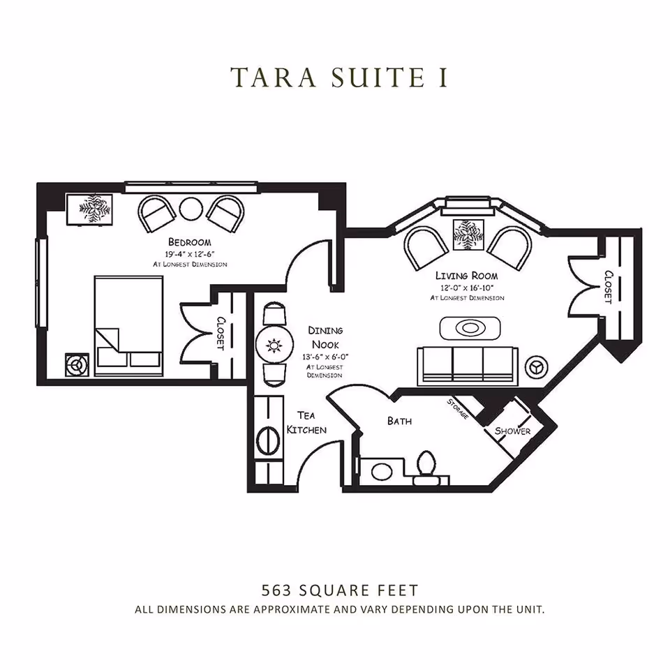 Floor plan of Tara Suite I at RoseWood Village Assisted Living and Memory Care - Hollymead, showing a bedroom with two chairs and a bed, a living room with two chairs and a sofa, a dining nook with a table and two chairs, a tea kitchen, a bathroom with a toilet and shower, and closets. The suite is 563 square feet.