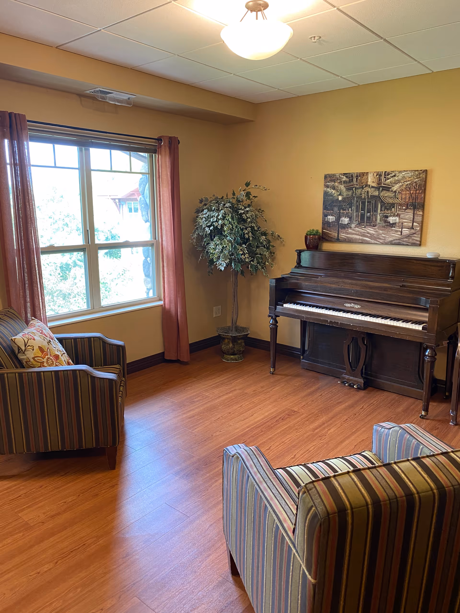 A cozy room with two striped armchairs, a large window with red curtains, a potted artificial tree, and an upright piano against a beige wall with a framed picture above it.