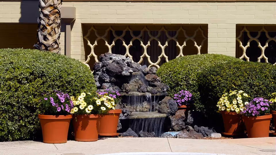 Outdoor garden area with a small rock waterfall feature surrounded by green bushes and potted purple and white flowers in front of a beige building with decorative window grilles.