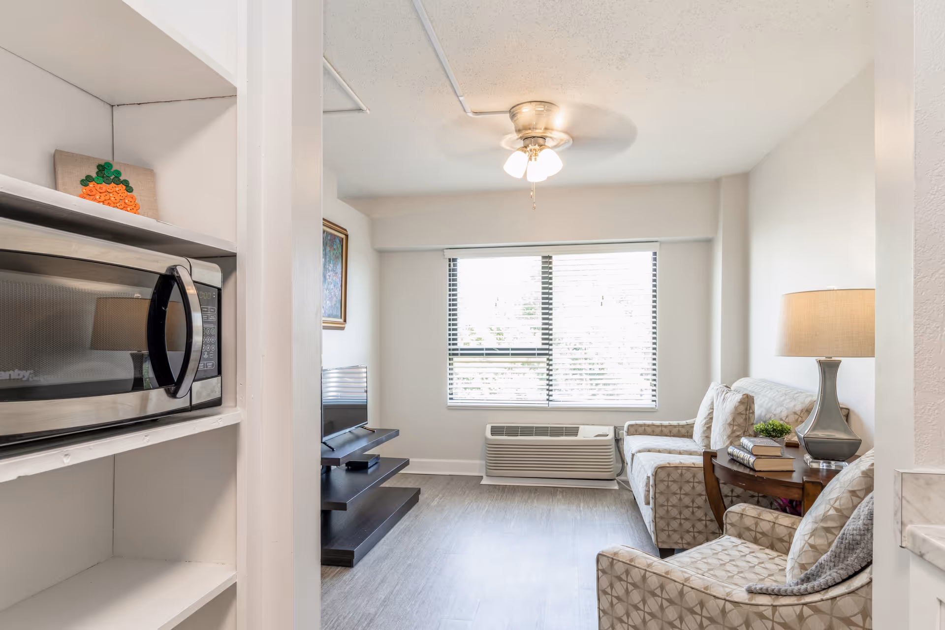 A bright living room area with a ceiling fan, large window with blinds, an air conditioning unit below the window, a patterned sofa and armchair, a side table with a lamp and books, and a TV on a black stand. A microwave is visible on a shelf in the foreground.