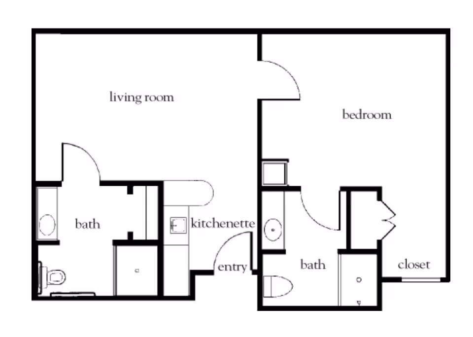 Floor plan layout of an apartment at Discovery Commons San Pablo showing a living room, kitchenette, entry, bedroom, two bathrooms, and a closet.