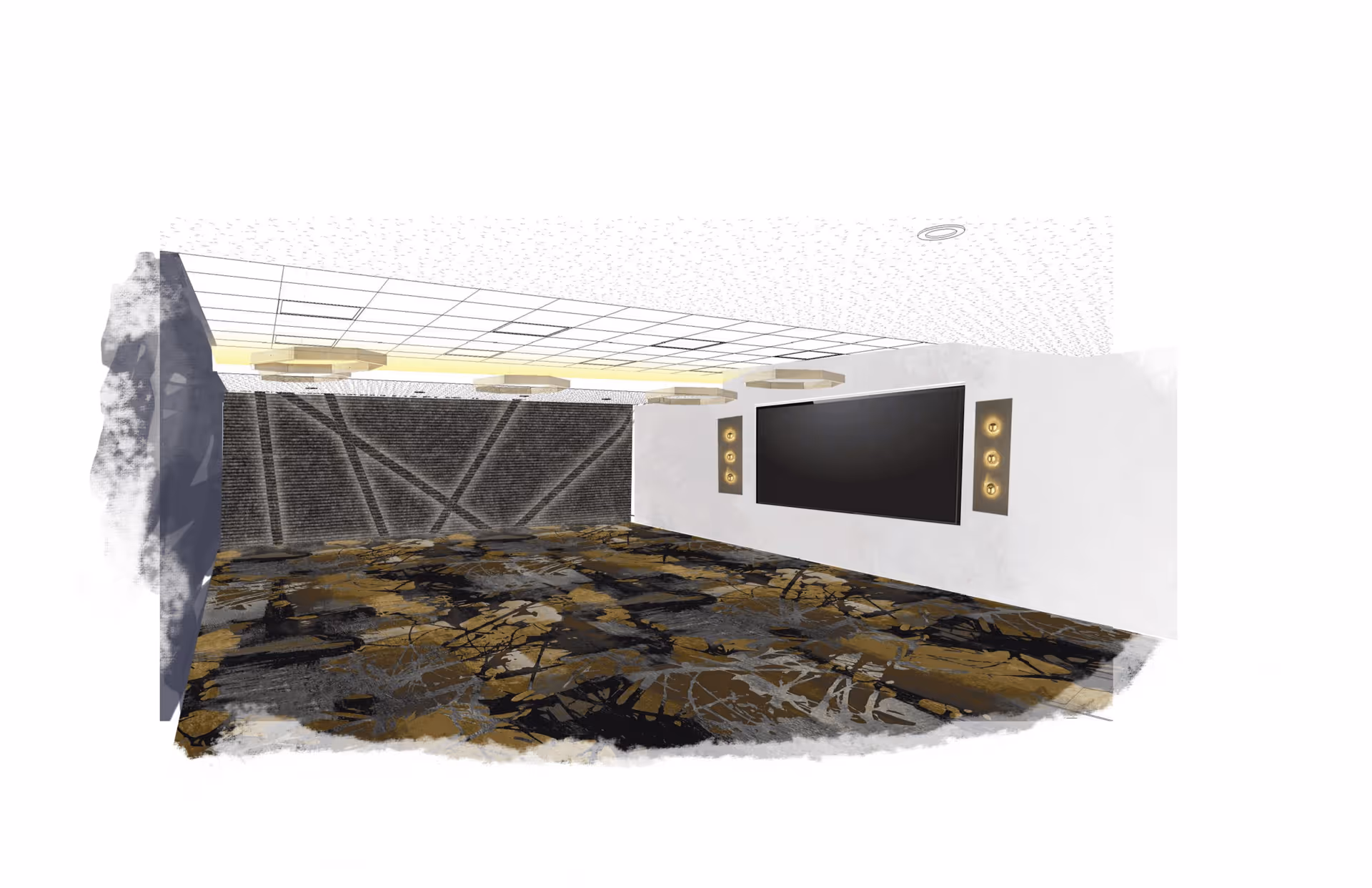 An empty interior room with a patterned carpet in shades of black, brown, and gray. The ceiling has a grid pattern with recessed lighting and circular light fixtures. One wall features a large flat screen TV flanked by two vertical panels with three round lights each. The opposite wall has a textured dark design with diagonal lines.