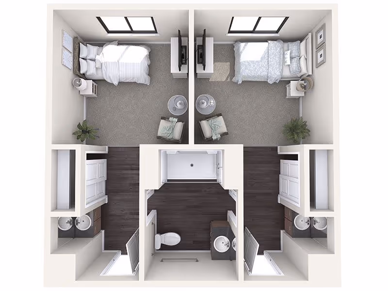 Top-down view of a floor plan showing two adjacent bedrooms, each with a bed, nightstand, lamp, chair, and window. Between the bedrooms is a shared bathroom area with two sinks, a toilet, and a shower in the center.