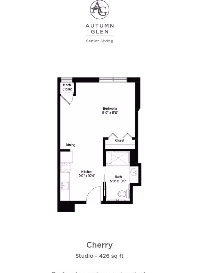 Floor plan of a studio apartment named Cherry at Autumn Glen Senior Living, showing a bedroom area measuring 15'9" x 11'6", a kitchen area measuring 9'0" x 10'4" with a dining space, a bathroom measuring 5'0" x 10'5", a closet, and a mechanical closet. The total area is 426 square feet.