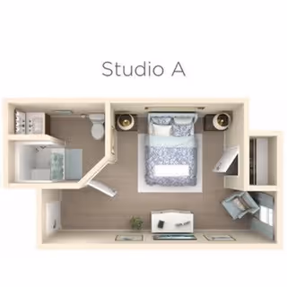 Top-down floor plan of Studio A apartment featuring a bedroom with a bed, two nightstands, a chair by the window, a desk with a chair, and a bathroom with a shower, toilet, and sink.