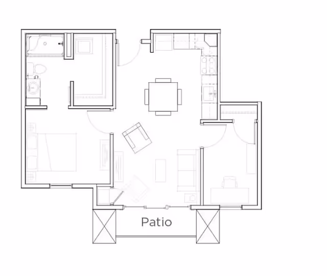 Black-and-white floor plan of a one-bedroom apartment showing a bedroom, bathroom, kitchen, living/dining area, and a labeled patio.